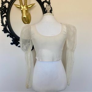 Wild Fable Off White Sheer Long Puff Sleeves Crop Top